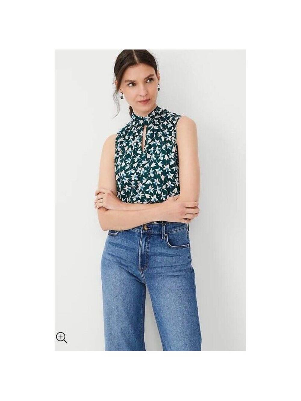 ANN TAYLOR NWT Floral Mixed Media Tie Neck Shell In Emerald-Azurite-Size Large